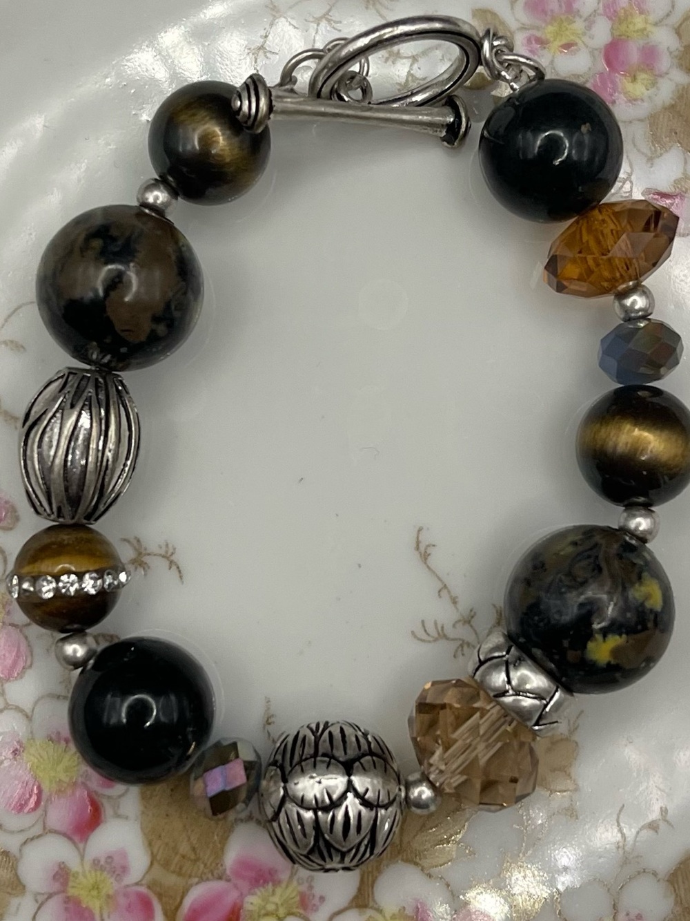 Handcrafted Boho Beaded Bracelet Tiger Eye & Silver Tone Accents Fits 7.5"